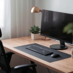 Scrivania ordinata con monitor spento, simbolo del lavoro strategico e silenzioso dell’ufficio stampa